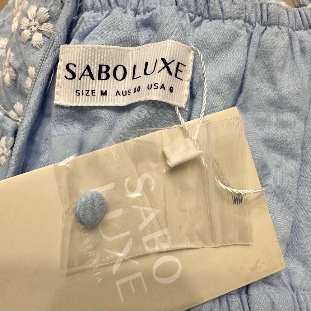 Sabo Luxe Light Blue Jaycee Mini Dress SZ 6 Embroidered Cottagecore Feminine NWT - Picture 2 of 10